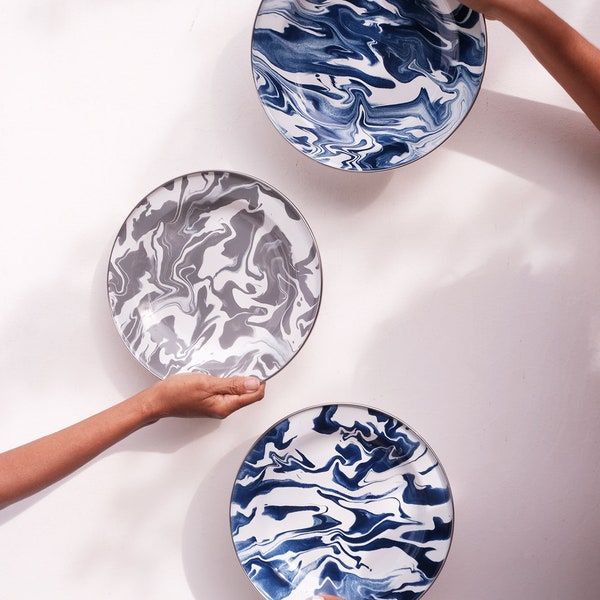 Large Enamel Marble Plate, In Blue and Grey - Made in Bali.