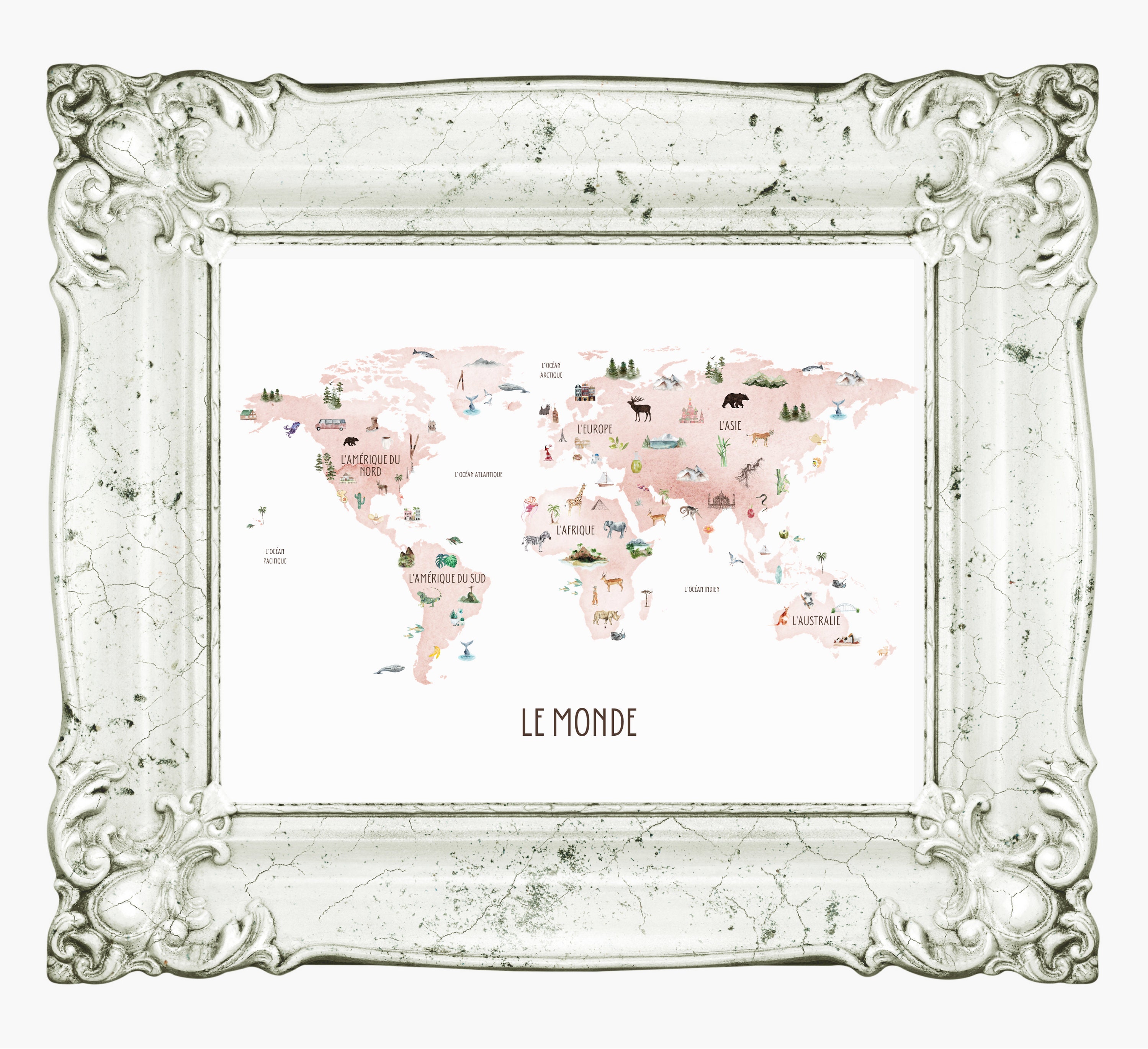 French Blush World Map | Digital Download, French, Classroom, Decor ...