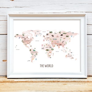 Blush World Map | Digital Download, Printable, Atlas, Nursery, School ...