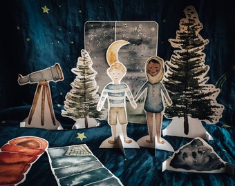 Moon Hike Play Scene | Digital Download, paper doll, diverse, handmade, handprinted