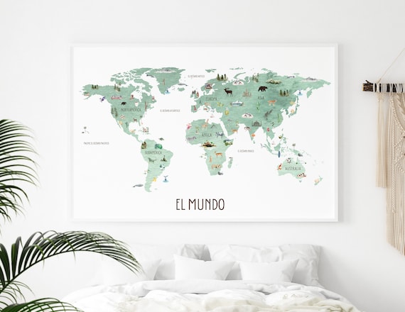 Pink Animals World Map in SPANISH Wall Art Poster, Mapa Del Mundo Español,  Children's Nursery Educational Print 