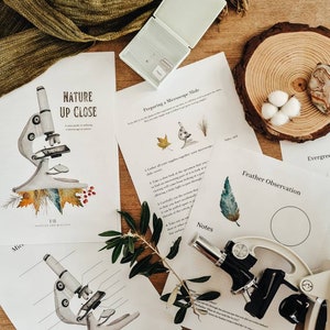 May include: A set of printable nature observation worksheets featuring a microscope, a feather, evergreen needles, and a leaf. The worksheets include space for drawing and notes. The text on the worksheets reads "Nature Up Close", "Feather Observation", "Evergreen Needle Observation", and "Preparing a Microscope Slide".