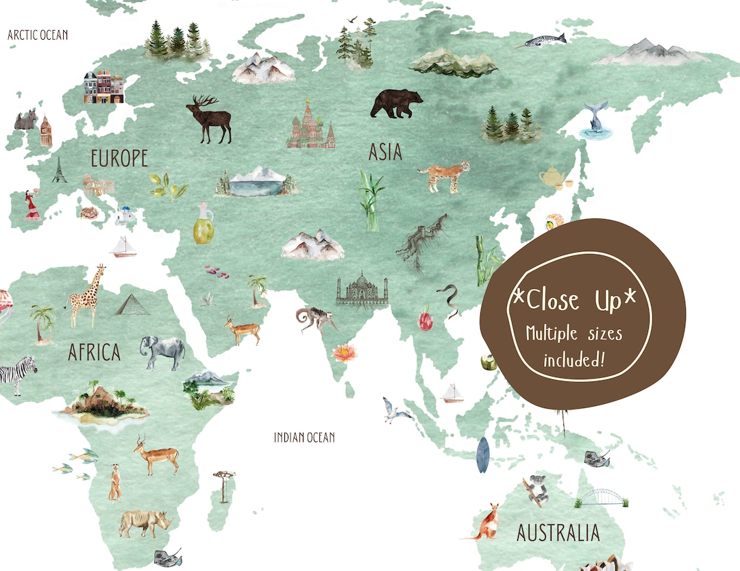 World Map Printable | Digital Download, Atlas, English, Watercolor, Nursery, English, Print ...