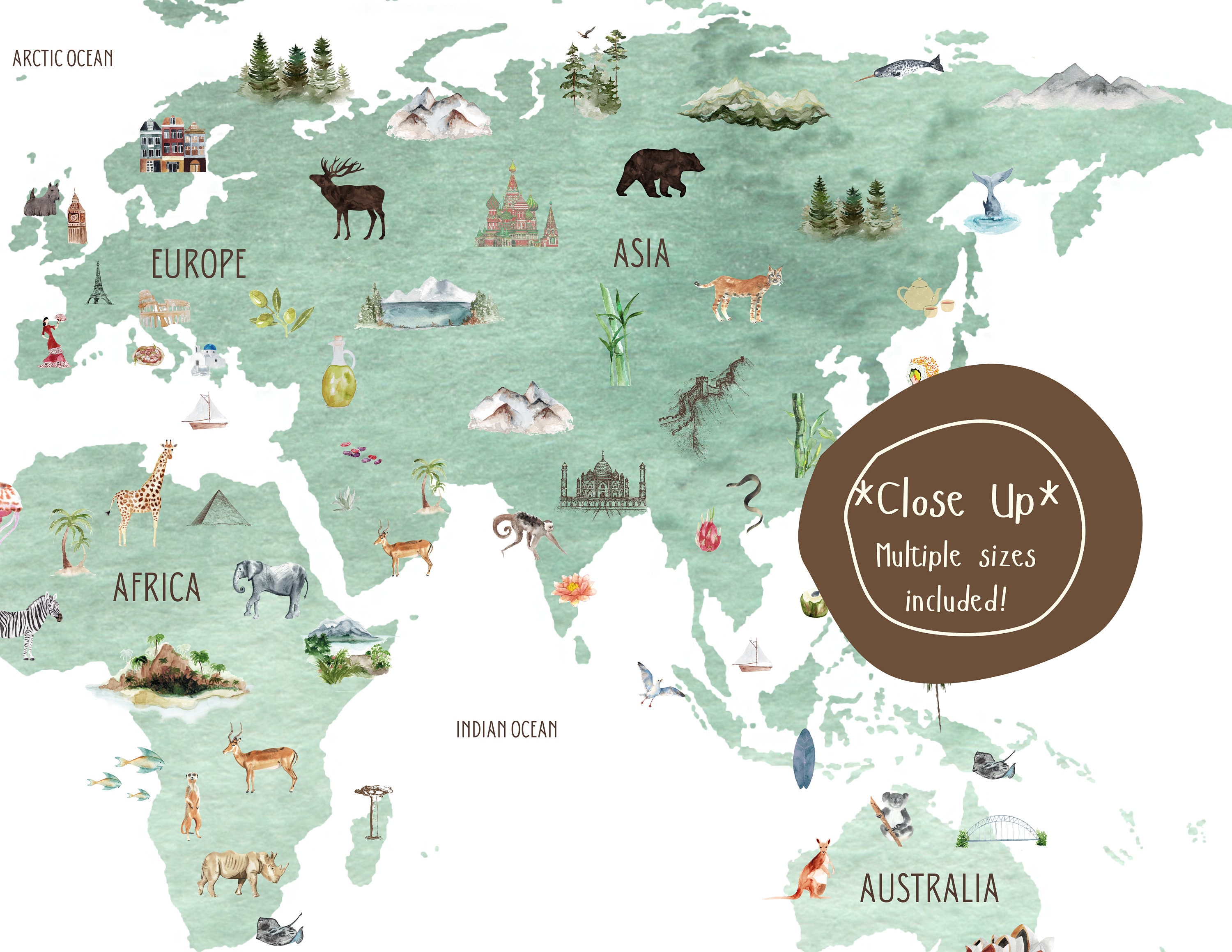 World Map Printable | Digital Download, atlas, English, watercolor, nursery, English, print, poster