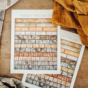 May include: Two printable worksheets with watercolor-style backgrounds for learning fractions. The first sheet has the title "Friendly Fraction Bar" and shows a grid of 12 rows, each representing a different fraction from 1/2 to 1/12. The second sheet has the title "Fraction Bar" and shows a grid of 12 rows, each representing a different fraction.