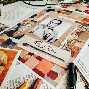 Puede incluir: Primer plano de la portada de un libro con un collage de cuadrados coloridos y un retrato en blanco y negro de Paul Klee. El título del libro es "Thistles and Biscuits".