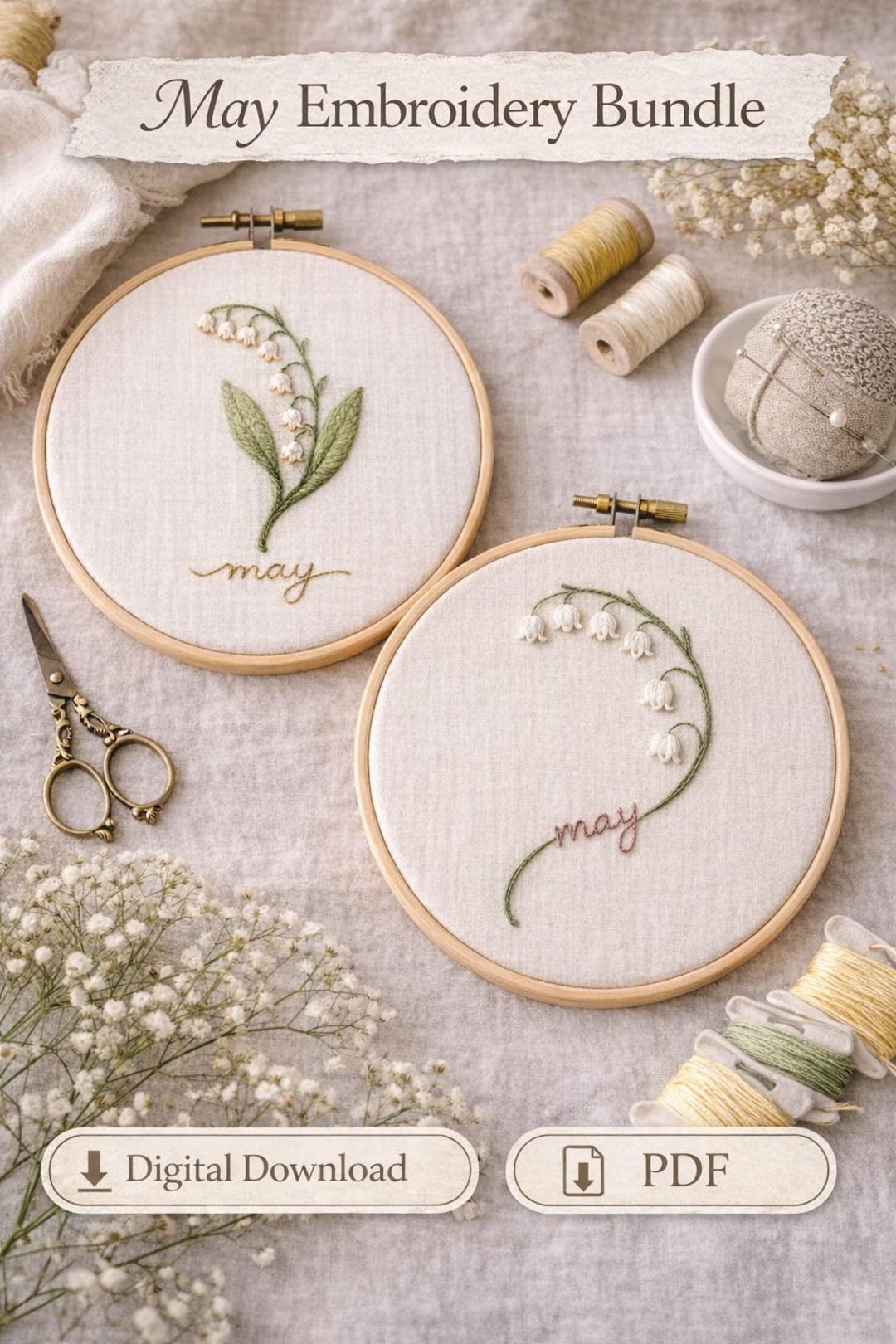 May Flower Pattern May Birth Flower Embroidery Pattern Bundle — Lily of the Valley (stem ...