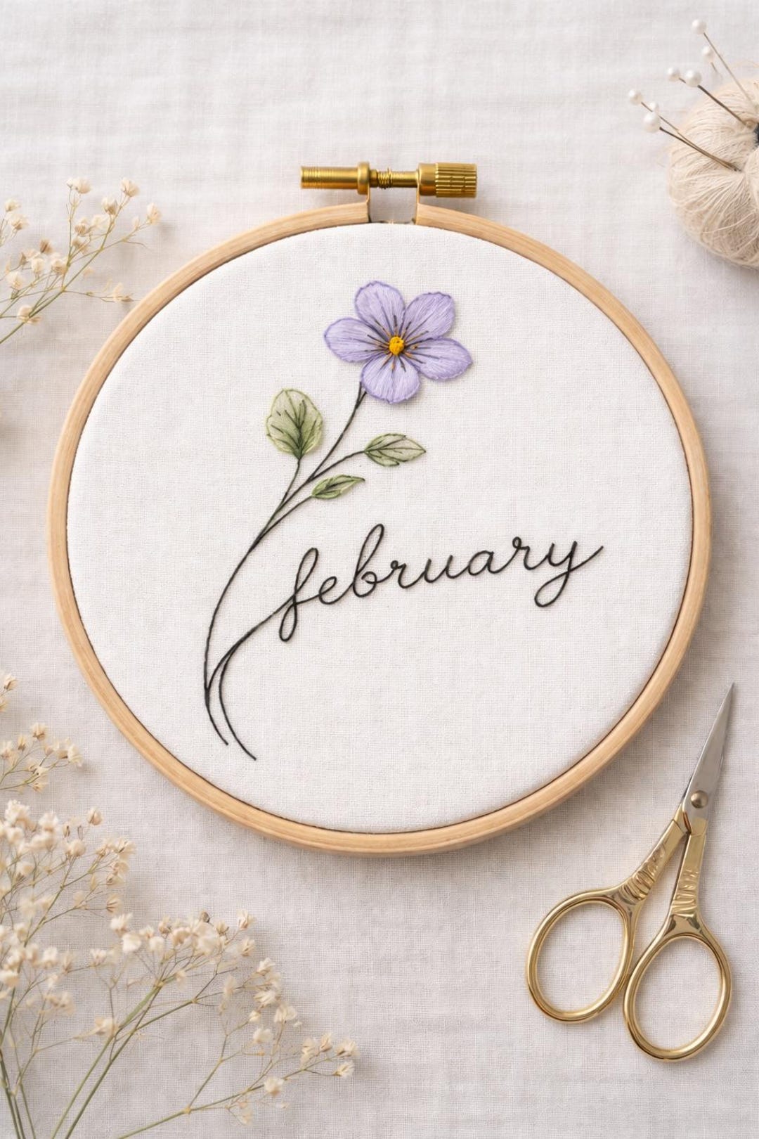 February Birth Flower Embroidery Pattern Script Stem Floral Minimalist ...
