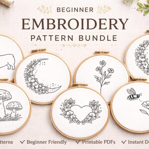 May include: A beginner embroidery pattern bundle featuring various designs, including a corgi, mushrooms, a heart wreath, and a bee. Each design is displayed in a wooden hoop. The text reads "Beginner Embroidery Pattern Bundle" with additional details.