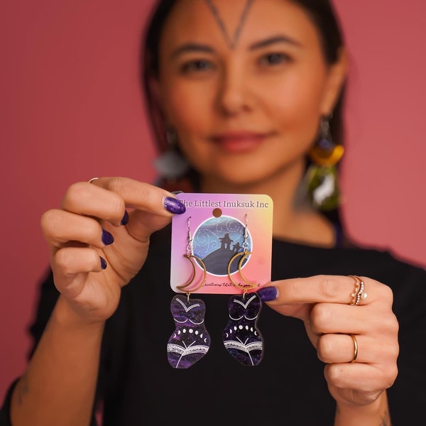 Moon Lady Earrings with Moon Phases, birthday gifts for her, astrology lovers, Indigenous, Inuit, Inuk made, with Tattoos, celestial, mystic