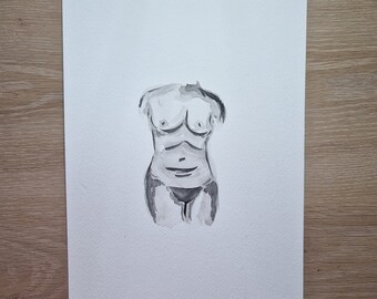 Original Aquarell Malerei, Akt Malerei, nackte Frau, Körper Positives Kunstwerk, feministisches Geschenk, Boob Painting, Feminismus, Grey Decor