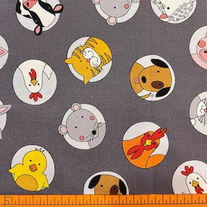 May include: Gray fabric featuring a repeating pattern of cartoon animal faces within white circles. Animals include a cow, tiger, dog, chicken, and sheep. The fabric is measured in inches.