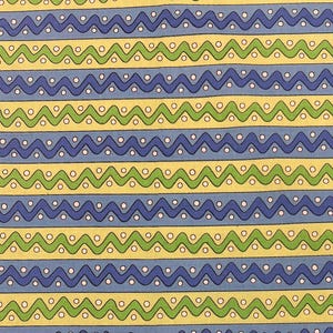 May include: A repeating pattern of yellow, green, blue, and white wavy lines and dots. The pattern is reminiscent of a traditional textile design.