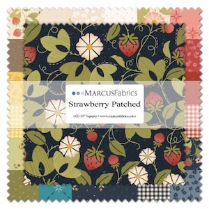 May include: A patchwork fabric square set featuring a floral and strawberry design. The main pattern includes strawberries, white flowers, and green leaves on a navy blue background. The set includes various coordinating patterns and colors, with the text "Strawberry Patched" visible.