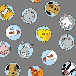 May include: A gray background with blue circles containing various animal illustrations. The animals include a cat, a mouse, a chicken, a chick, a rabbit, a cow, a dog, and a sheep.