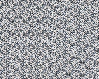 May include: A textile fabric featuring a dense, repeating pattern of small, dark navy blue flowers and delicate, winding leafy vines set against a solid, light cream-colored background, creating a continuous and intricate botanical design.