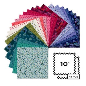 May include: A collection of 42 square fabric pieces arranged in a fan shape, featuring various floral and geometric patterns in shades of blue, green, pink, and red. Each square measures 10 inches, as indicated by the text on the graphic.