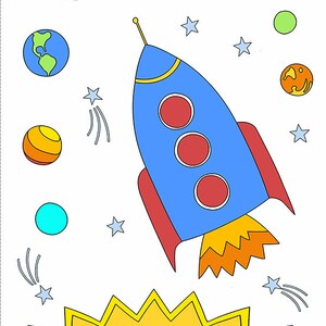 May include: A blue rocket ship with red and orange accents flies through space with a yellow sun with a smiling face in the foreground. There are several planets, stars, and shooting stars in the background.
