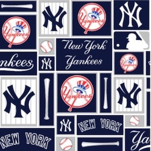 May include: A navy blue and white patterned fabric featuring the New York Yankees logo, baseballs, and bats. The words "New York Yankees" are displayed in white script. The design includes the team's iconic "NY" logo.
