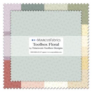 May include: A stack of 10-inch fabric squares from the Toolbox Floral collection by Marcus Fabrics. The squares feature a light blue floral pattern and are surrounded by coordinating solid-colored squares in shades of pink, green, and yellow.
