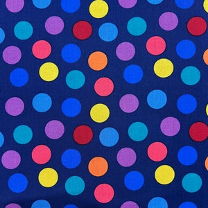 May include: A navy blue fabric with a repeating pattern of colorful polka dots. The dots are in various colors, including red, orange, yellow, green, blue, purple, and pink.
