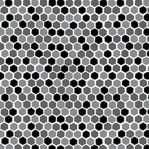 May include: A black and gray honeycomb pattern background. The pattern is made up of repeating hexagonal shapes.