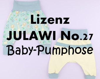 May include: Two pairs of baby pants, one with a blue and white giraffe print and the other in a solid yellow color. The pants have a blue elastic waistband and are labeled "Lizenz JULAWI No. 27 Baby-Pumphose".