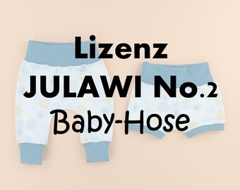 May include: Two pairs of baby leggings with a blue and white pattern. The leggings have a blue elastic waistband and are labeled "Lizenz JULAWI No.2 Baby-Hose".