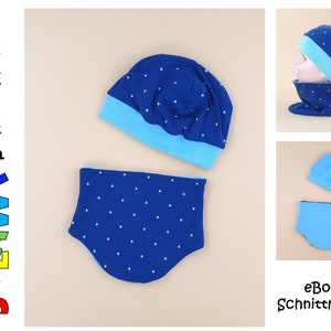 Könnte beinhalten: Ein blaues und hellblaues Mützen- und Halstuch-Set mit einem weißen Sternenmuster. Das Set ist aus weichem Stoff gefertigt und perfekt, um sich im Winter warm zu halten. Das Bild enthält den Text "eBook Schnittmuster".