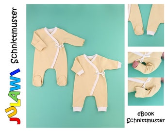 May include: Two yellow baby onesies with white trim and a tie at the waist. The onesies are laid out on a turquoise background. The text "eBook Schnittmuster" is visible in the bottom right corner of the image.