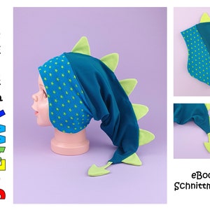 May include: A teal blue and lime green dinosaur hat with a star pattern on the inside. The hat has a long tail and spikes on the top. The hat is a sewing pattern.
