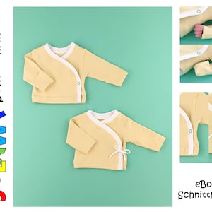 May include: Two yellow baby sweaters with white trim and a tie closure. The sweaters are laid out on a light green background. The text "JuLawi schnittmuster" is visible on the left side of the image. The text "eBook Schnittmuster" is visible on the right side of the image.