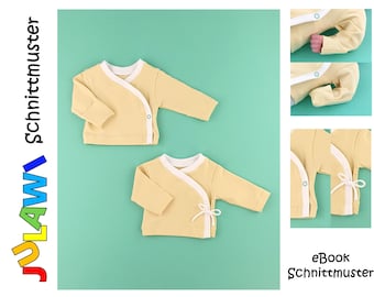 Puede incluir: Dos suéteres amarillos para bebé con ribetes blancos y cierre de corbata. Los suéteres están colocados sobre un fondo verde claro. El texto "JuLawi schnittmuster" es visible en el lado izquierdo de la imagen. El texto "eBook Schnittmuster" es visible en el lado derecho de la imagen.