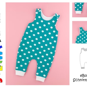 May include: A teal blue and white polka dot baby romper with white trim. The romper is a digital download pattern for sewing.