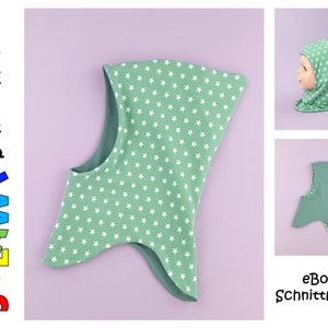May include: A green hooded hat with white stars printed on the fabric. The hat is shown in three different views. The text "eBook Schnittmuster" is visible in the bottom right corner of the image.