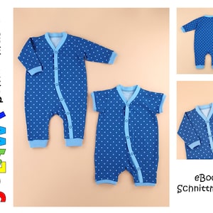 May include: Two blue baby onesies with white polka dots. One onesie has long sleeves and the other has short sleeves. Both onesies have a blue button placket down the front.