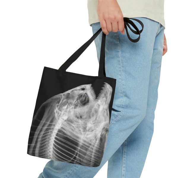 Black Tote Bag, Grocery Bag, Book Bag, Shoulder Beach Bag, Artsy Gifts for Men and Women, Piranha X-ray, Goth, Funny Birthday, Fishing Gifts