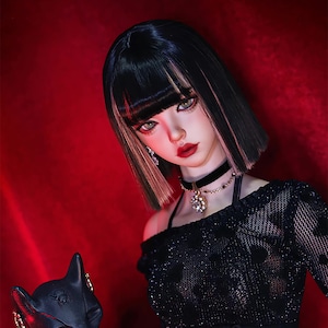 BJD 1/3 1/4 1/6 wigs highlights short hair 23-24cm black pink