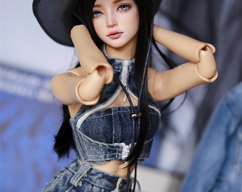 BJD 1/3 preorder clothes set washed blue/black denim skirt+ top SD16 girls