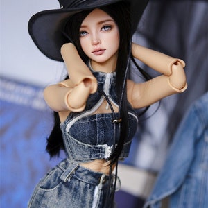 BJD 1/3 preorder clothes set washed blue/black denim skirt+ top SD16 girls