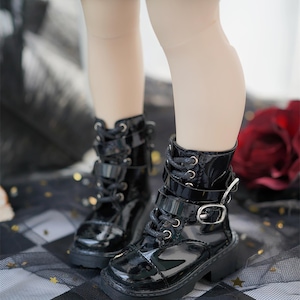 Botas 1/6 1/4 en stock, botas negras de charol, zapatos de muñeca de tacón plano BJD