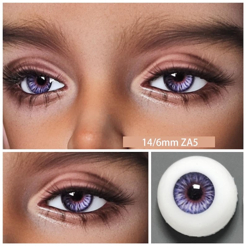 May include: Close-up of a pair of doll eyes with purple irises and long eyelashes. The image includes a full eye and two close-up shots of the eyes. The text "14/6mm ZA5" is visible in the image.