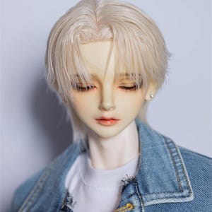 Può includere: Una bambola con una parrucca bianca e una giacca di jeans blu. La bambola ha un incarnato chiaro e indossa una maglietta bianca.