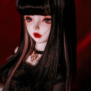 May include: A doll with long black hair with pink highlights, wearing a black mesh top and a silver necklace. The doll has a white face with red lips and blue eyes.