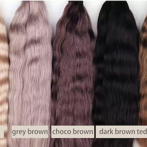 May include: Five bundles of wavy hair extensions in various colors. The colors include linen, grey brown, choco brown, dark brown, and teddy brown. Each bundle has a different shade, ranging from light beige to dark brown.