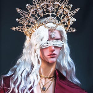 May include: A white wig with long, wavy hair. The wig is styled with a gold crown featuring intricate details and clear crystals. The crown is adorned with pearls and a pendant with a sun design. The person wearing the wig is wearing a red jacket and a gold necklace with a pendant.