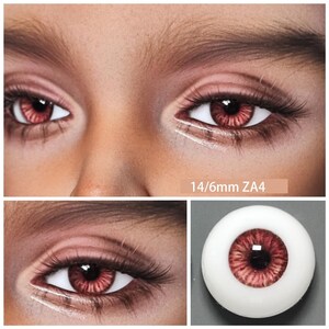 May include: Close-up of two sets of red-colored doll eyes. The eyes have long, dark eyelashes and are set against a light skin tone. The text "14/6mm ZA4" is visible. One image shows a single eye.