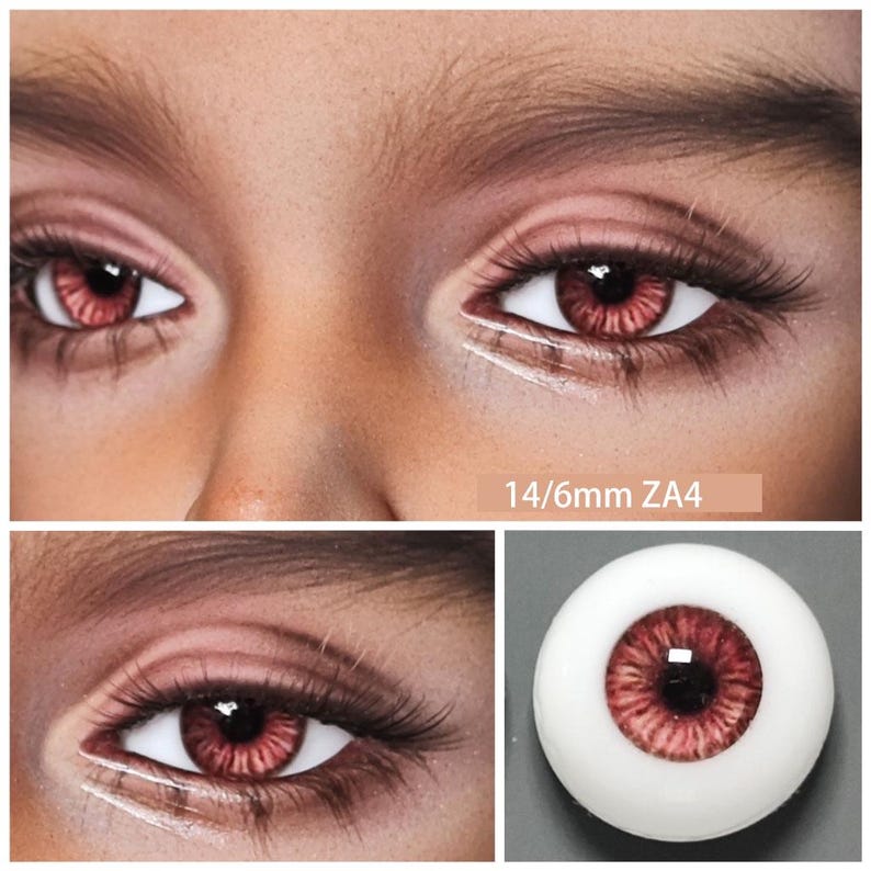 May include: Close-up of two sets of red-colored doll eyes. The eyes have long, dark eyelashes and are set against a light skin tone. The text "14/6mm ZA4" is visible. One image shows a single eye.