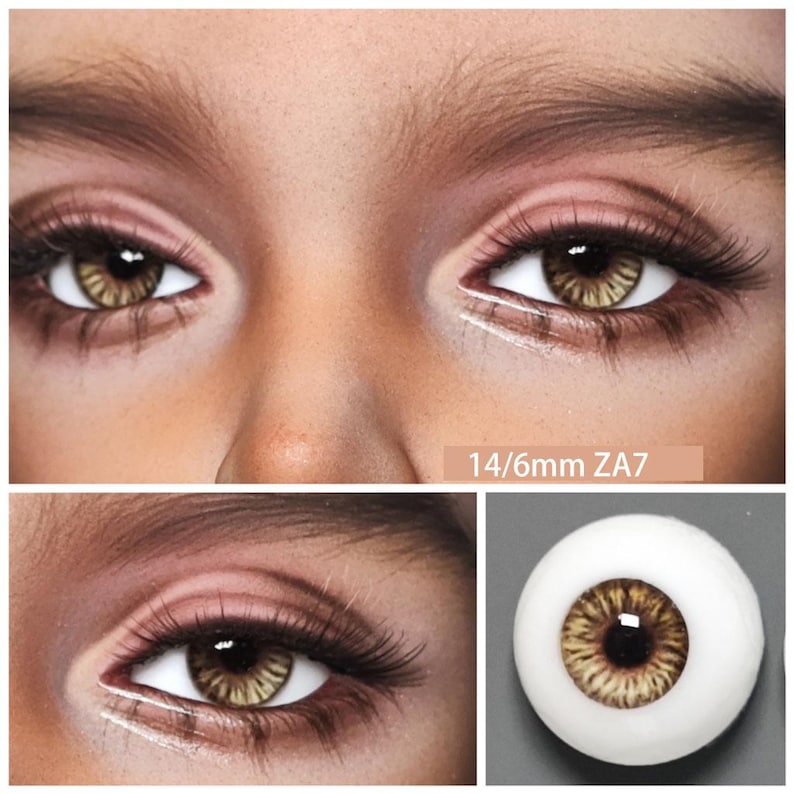 May include: Close-up of two eyes with light brown irises and long, dark eyelashes. The skin tone is a warm brown. The text "14/6mm ZA7" is visible. A separate image shows a single eye.
