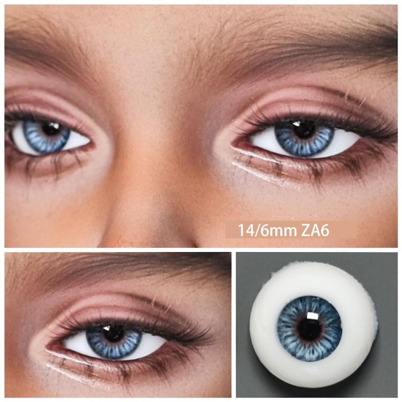 May include: Close-up of two sets of blue eyes with long eyelashes. The text "14/6mm ZA6" is visible. A single doll eye with a blue iris and white sclera is also shown.